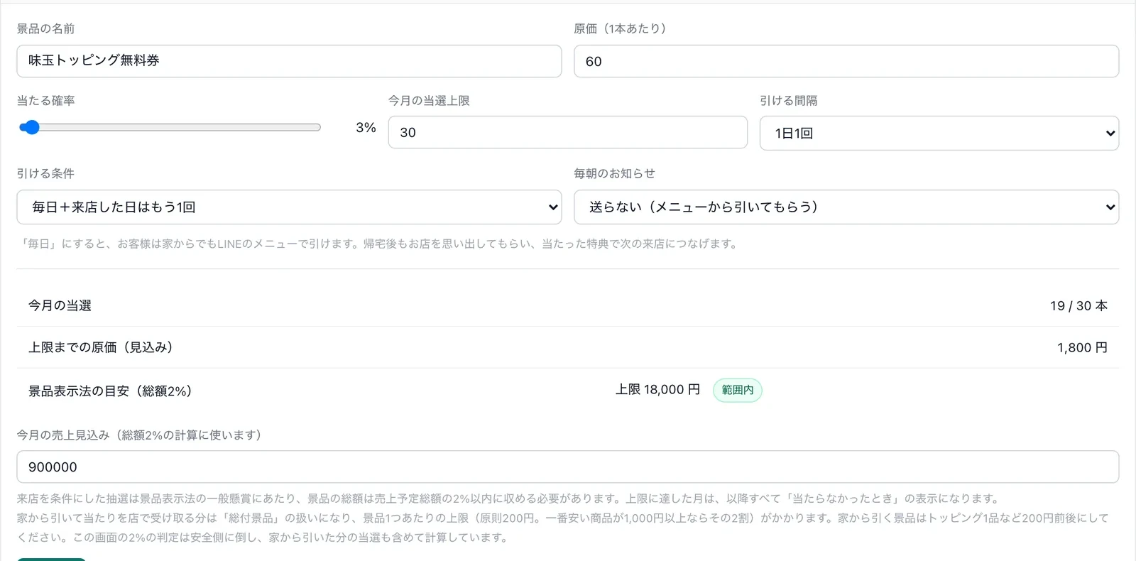 リピガチャの管理画面。景品表示法の目安（総額2%）に収まるかを判定している